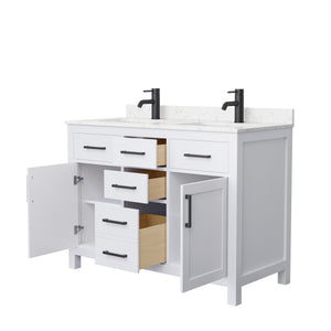 Beckett 48 Inch Double Bathroom Vanity in White Carrara Cultured Marble Countertop Undermount Square Sinks Matte Black Trim
