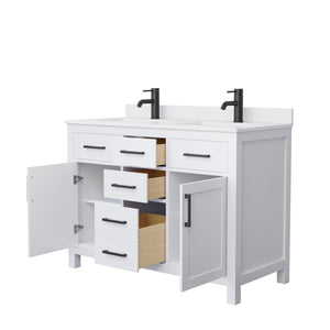 Beckett 48 Inch Double Bathroom Vanity in White White Cultured Marble Countertop Undermount Square Sinks Matte Black Trim