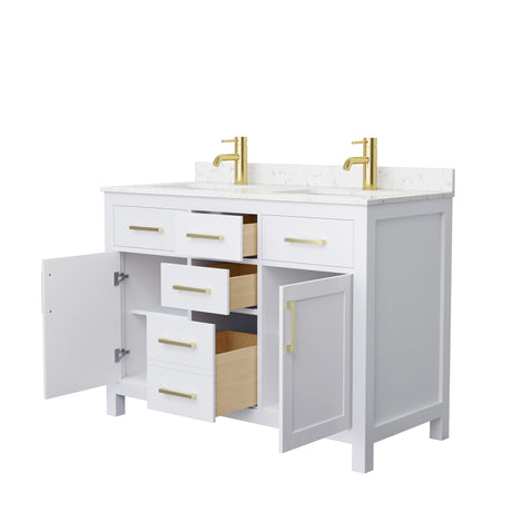 Beckett 48 Inch Double Bathroom Vanity in White Carrara Cultured Marble Countertop Undermount Square Sinks Brushed Gold Trim