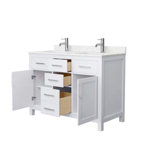 Beckett 48 Inch Double Bathroom Vanity in White Carrara Cultured Marble Countertop Undermount Square Sinks Brushed Nickel Trim