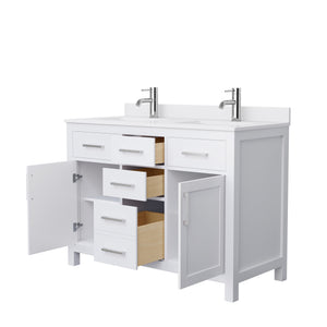 Beckett 48 Inch Double Bathroom Vanity in White White Cultured Marble Countertop Undermount Square Sinks Brushed Nickel Trim