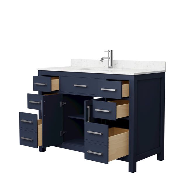 Beckett 48 Inch Single Bathroom Vanity in Dark Blue Carrara Cultured Marble Countertop Undermount Square Sink Brushed Nickel Trim