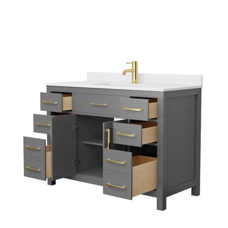 Beckett 48 Inch Single Bathroom Vanity in Dark Gray White Cultured Marble Countertop Undermount Square Sink Brushed Gold Trim