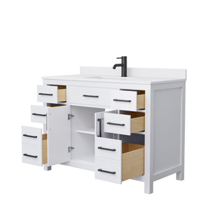 Beckett 48 Inch Single Bathroom Vanity in White White Cultured Marble Countertop Undermount Square Sink Matte Black Trim