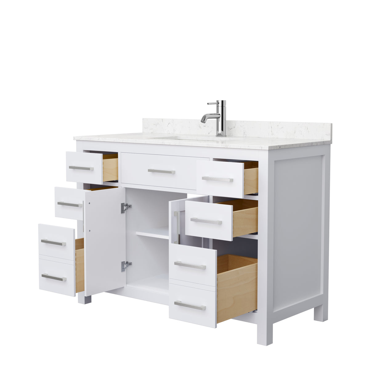 Beckett 48 Inch Single Bathroom Vanity in White Carrara Cultured Marble Countertop Undermount Square Sink Brushed Nickel Trim