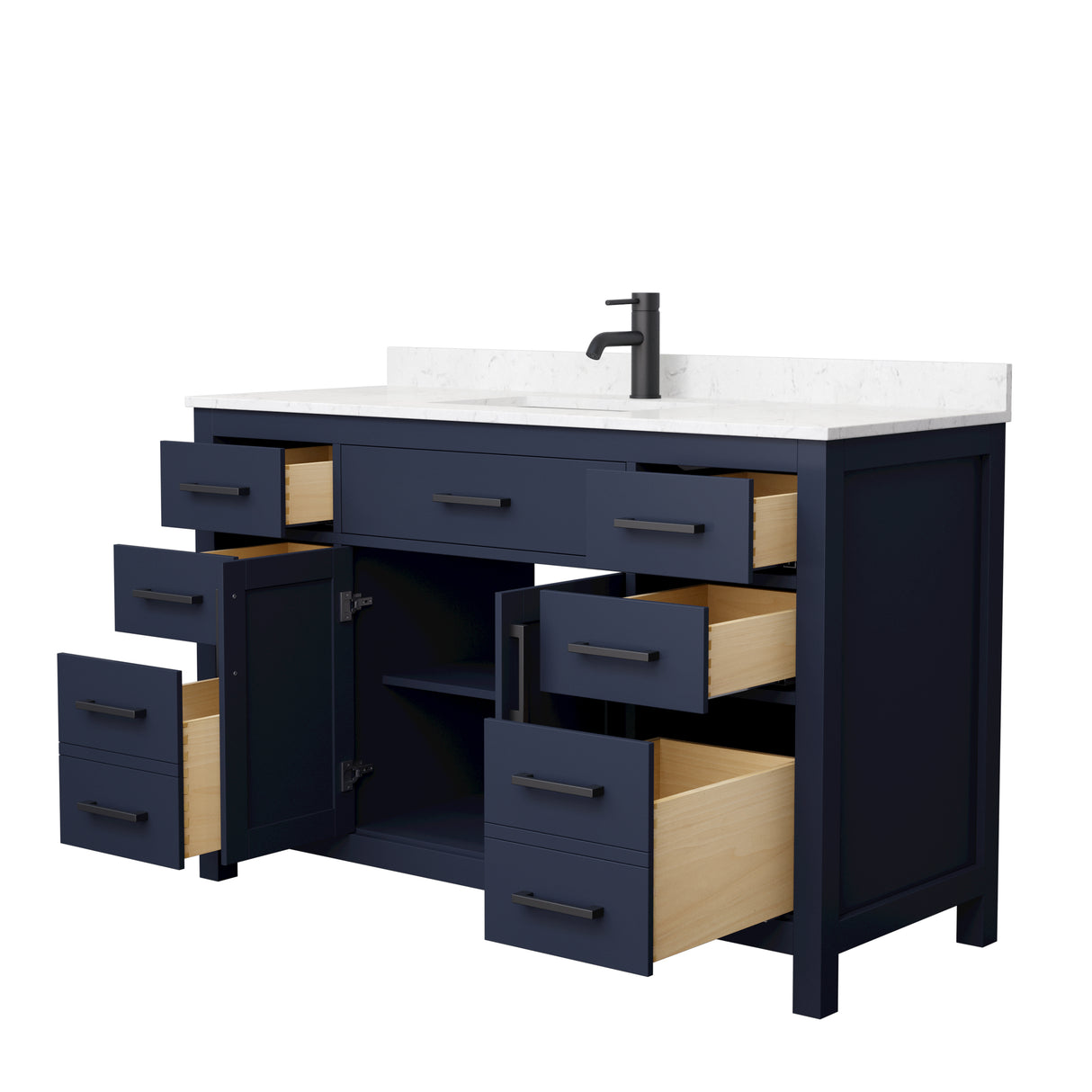 Beckett 54 Inch Single Bathroom Vanity in Dark Blue Carrara Cultured Marble Countertop Undermount Square Sink Matte Black Trim