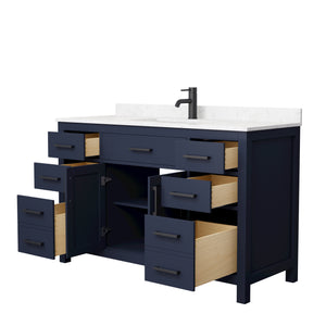 Beckett 54 Inch Single Bathroom Vanity in Dark Blue Carrara Cultured Marble Countertop Undermount Square Sink Matte Black Trim