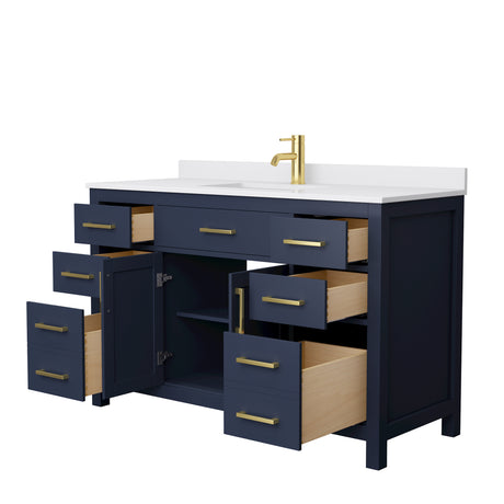 Beckett 54 Inch Single Bathroom Vanity in Dark Blue White Cultured Marble Countertop Undermount Square Sink No Mirror