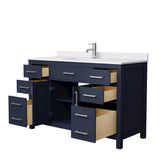 Beckett 54 Inch Single Bathroom Vanity in Dark Blue White Cultured Marble Countertop Undermount Square Sink Brushed Nickel Trim