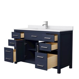Beckett 54 Inch Single Bathroom Vanity in Dark Blue White Cultured Marble Countertop Undermount Square Sink Brushed Nickel Trim