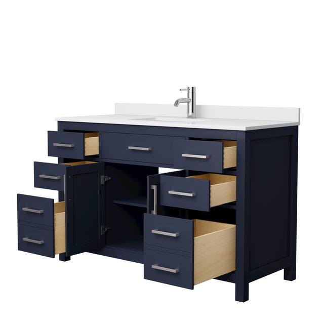Beckett 54 Inch Single Bathroom Vanity in Dark Blue White Cultured Marble Countertop Undermount Square Sink Brushed Nickel Trim
