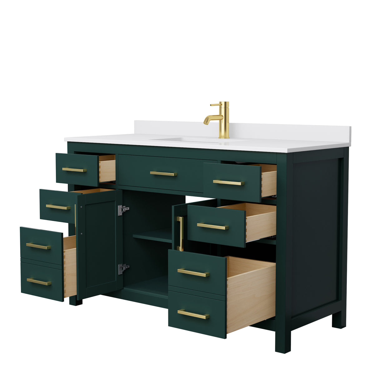 Beckett 54 Inch Single Bathroom Vanity in Green White Cultured Marble Countertop Undermount Square Sink Brushed Gold Trim