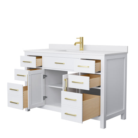 Beckett 54 Inch Single Bathroom Vanity in White White Cultured Marble Countertop Undermount Square Sink Brushed Gold Trim