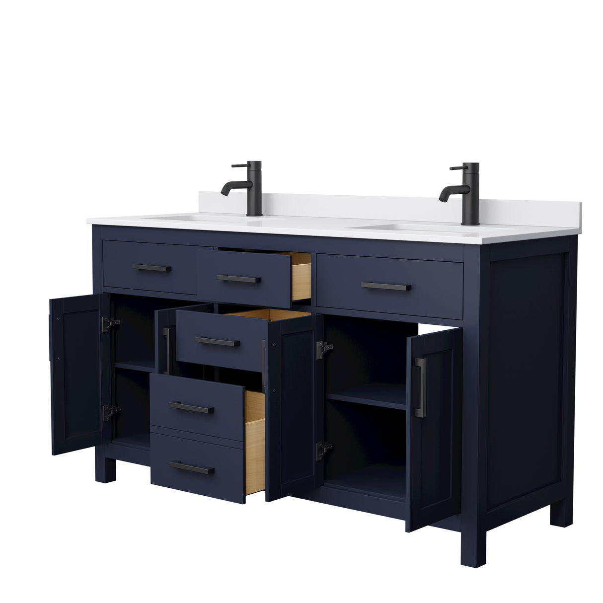 Beckett 60 Inch Double Bathroom Vanity in Dark Blue White Cultured Marble Countertop Undermount Square Sinks Matte Black Trim