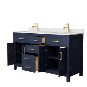 Beckett 60 Inch Double Bathroom Vanity in Dark Blue White Cultured Marble Countertop Undermount Square Sinks No Mirror