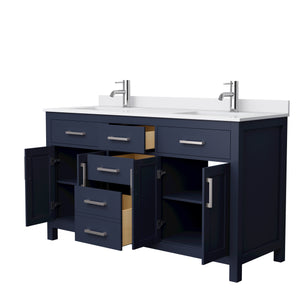Beckett 60 Inch Double Bathroom Vanity in Dark Blue White Cultured Marble Countertop Undermount Square Sinks Brushed Nickel Trim