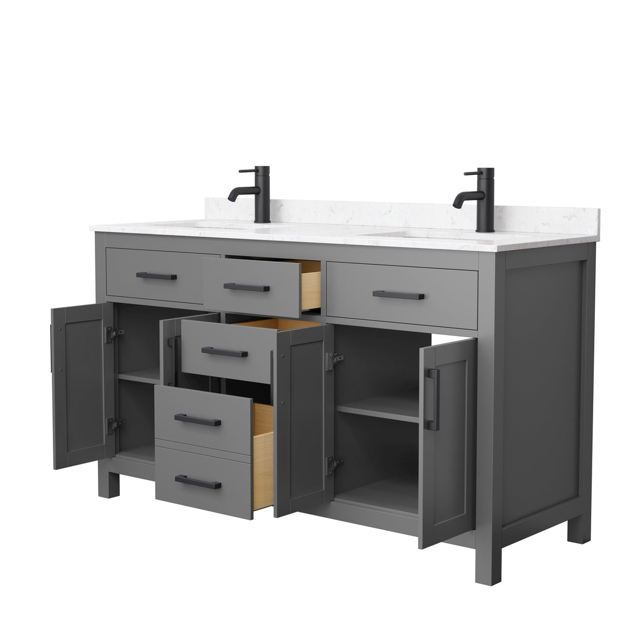 Beckett 60 Inch Double Bathroom Vanity in Dark Gray Carrara Cultured Marble Countertop Undermount Square Sinks Matte Black Trim