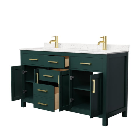 Beckett 60 Inch Double Bathroom Vanity in Green Carrara Cultured Marble Countertop Undermount Square Sinks Brushed Gold Trim