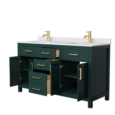 Beckett 60 Inch Double Bathroom Vanity in Green White Cultured Marble Countertop Undermount Square Sinks Brushed Gold Trim
