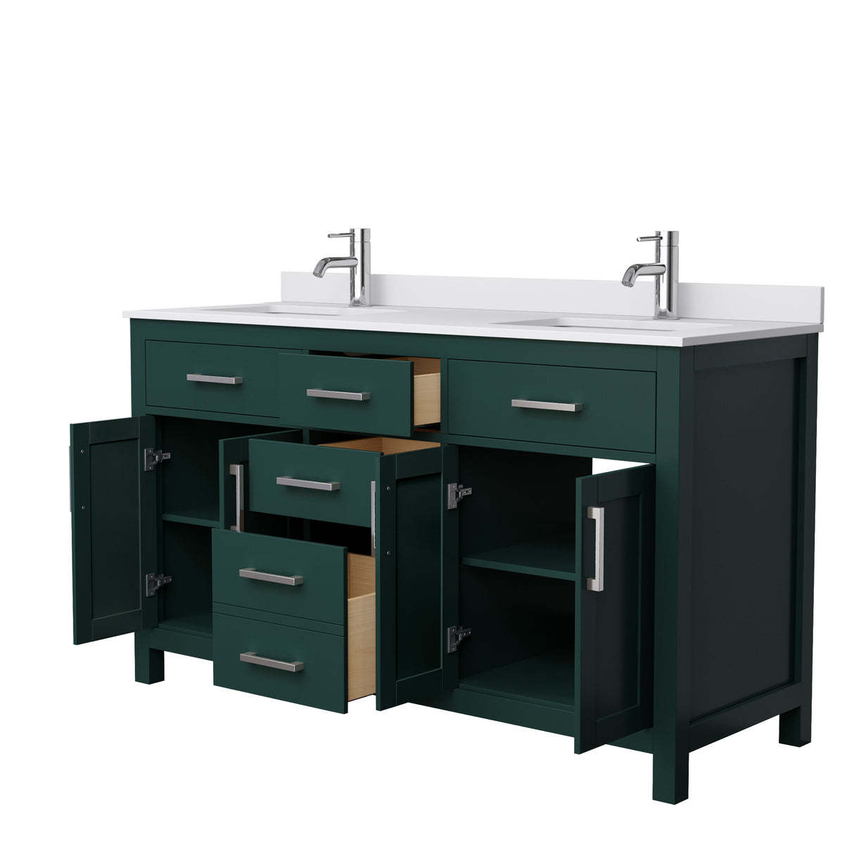 Beckett 60 Inch Double Bathroom Vanity in Green White Cultured Marble Countertop Undermount Square Sinks Brushed Nickel Trim