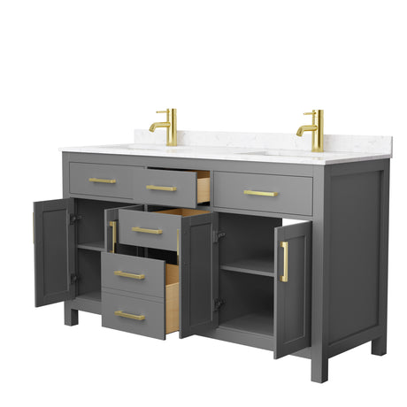 Beckett 60 Inch Double Bathroom Vanity in Dark Gray Carrara Cultured Marble Countertop Undermount Square Sinks Brushed Gold Trim
