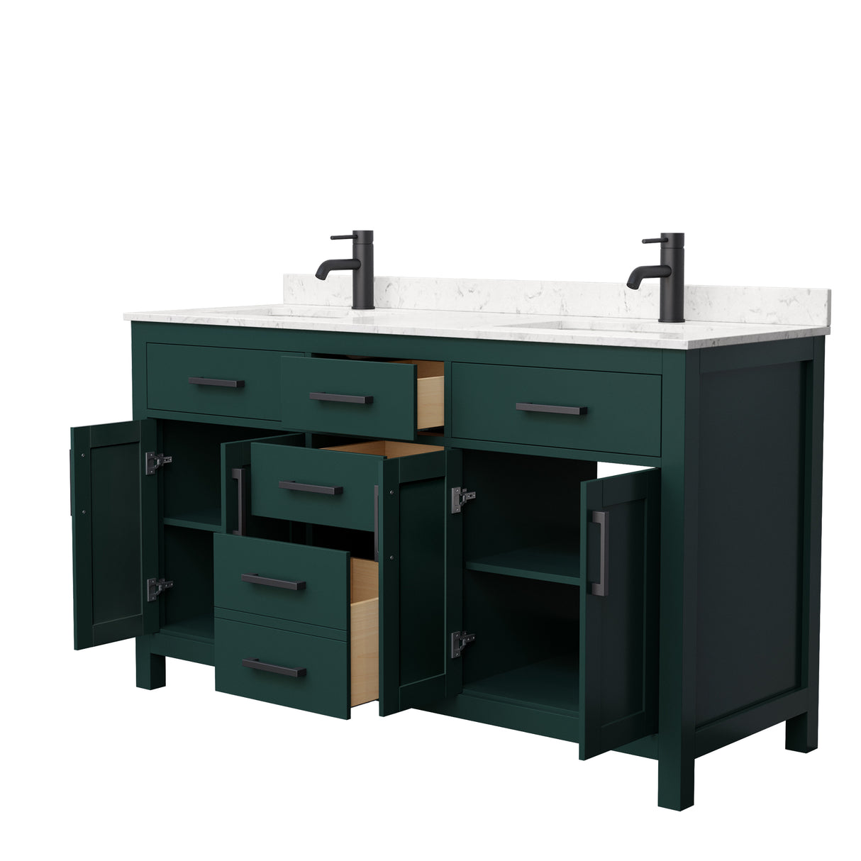 Beckett 60 Inch Double Bathroom Vanity in Green Carrara Cultured Marble Countertop Undermount Square Sinks Matte Black Trim