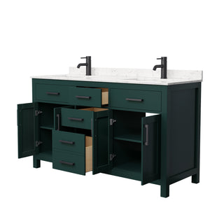 Beckett 60 Inch Double Bathroom Vanity in Green Carrara Cultured Marble Countertop Undermount Square Sinks Matte Black Trim
