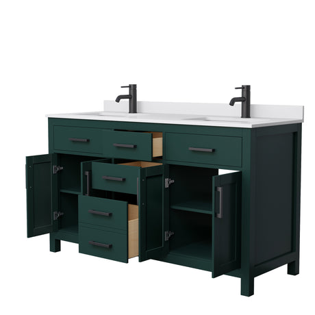 Beckett 60 Inch Double Bathroom Vanity in Green White Cultured Marble Countertop Undermount Square Sinks Matte Black Trim
