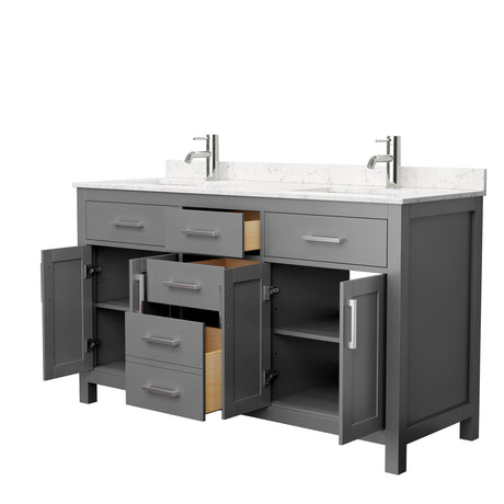 Beckett 60 Inch Double Bathroom Vanity in Dark Gray Carrara Cultured Marble Countertop Undermount Square Sinks No Mirror