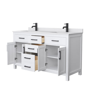 Beckett 60 Inch Double Bathroom Vanity in White White Cultured Marble Countertop Undermount Square Sinks Matte Black Trim