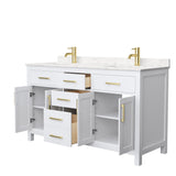 Beckett 60 Inch Double Bathroom Vanity in White Carrara Cultured Marble Countertop Undermount Square Sinks Brushed Gold Trim