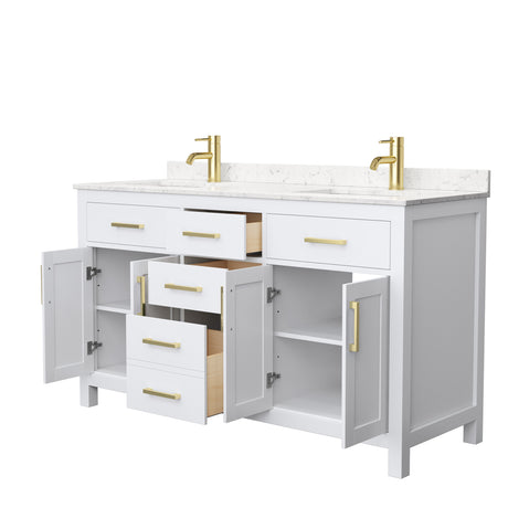 Beckett 60 Inch Double Bathroom Vanity in White Carrara Cultured Marble Countertop Undermount Square Sinks Brushed Gold Trim