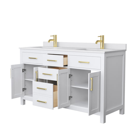 Beckett 60 Inch Double Bathroom Vanity in White White Cultured Marble Countertop Undermount Square Sinks Brushed Gold Trim
