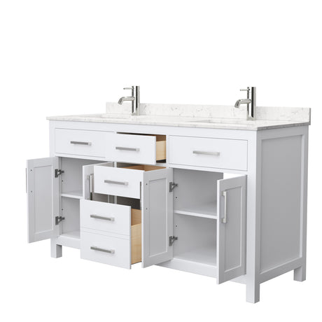 Beckett 60 Inch Double Bathroom Vanity in White Carrara Cultured Marble Countertop Undermount Square Sinks No Mirror