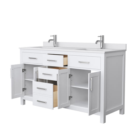 Beckett 60 Inch Double Bathroom Vanity in White White Cultured Marble Countertop Undermount Square Sinks No Mirror