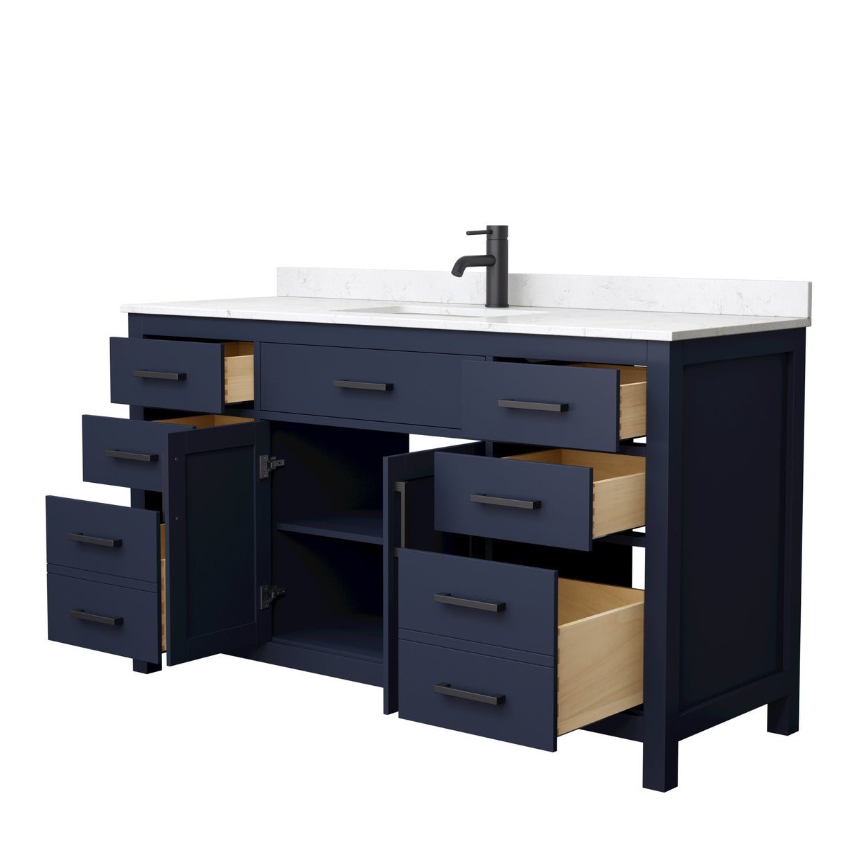 Beckett 60 Inch Single Bathroom Vanity in Dark Blue Carrara Cultured Marble Countertop Undermount Square Sink Matte Black Trim
