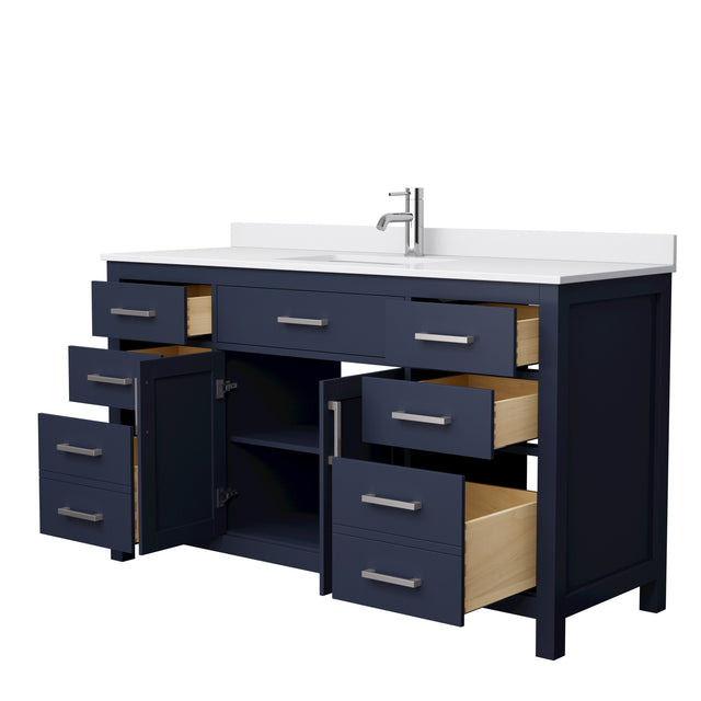Beckett 60 Inch Single Bathroom Vanity in Dark Blue White Cultured Marble Countertop Undermount Square Sink Brushed Nickel Trim