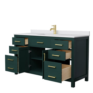 Beckett 60 Inch Single Bathroom Vanity in Green White Cultured Marble Countertop Undermount Square Sink Brushed Gold Trim