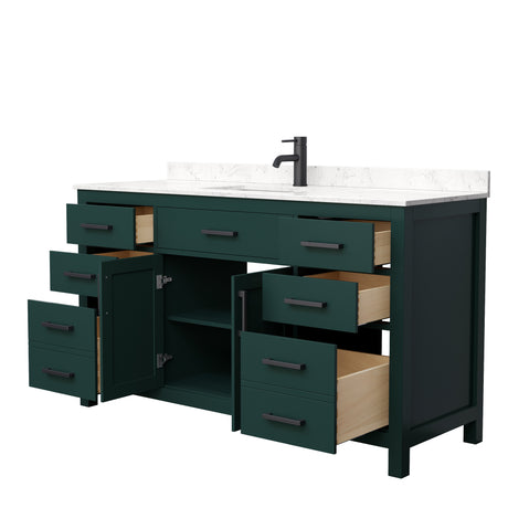Beckett 60 Inch Single Bathroom Vanity in Green Carrara Cultured Marble Countertop Undermount Square Sink Matte Black Trim