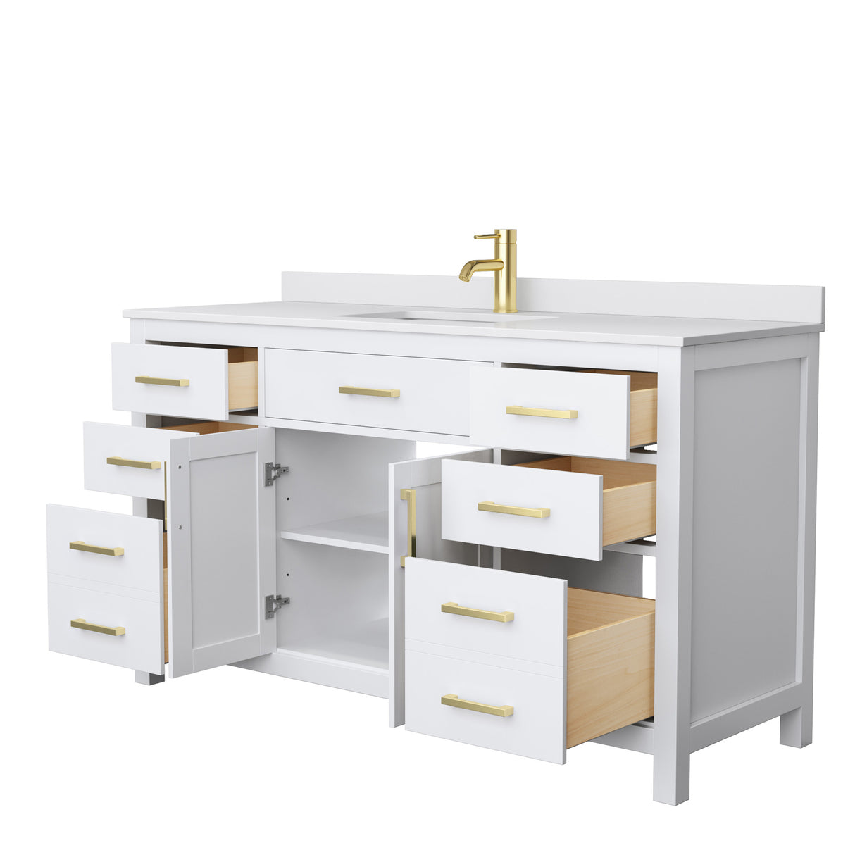 Beckett 60 Inch Single Bathroom Vanity in White White Cultured Marble Countertop Undermount Square Sink Brushed Gold Trim