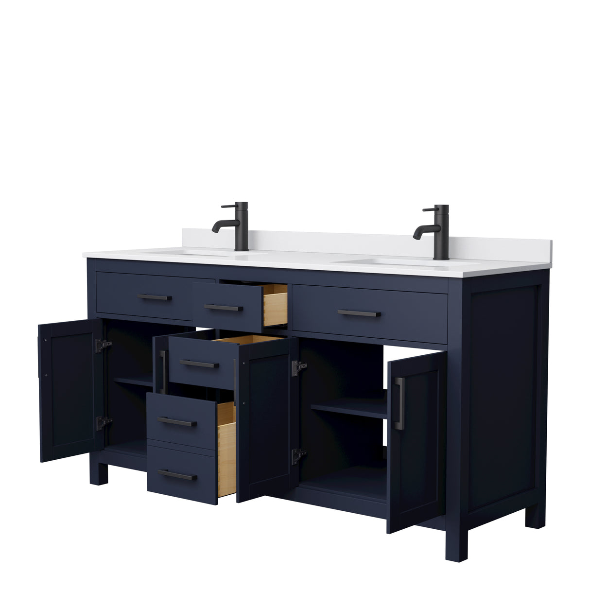 Beckett 66 Inch Double Bathroom Vanity in Dark Blue White Cultured Marble Countertop Undermount Square Sinks Matte Black Trim