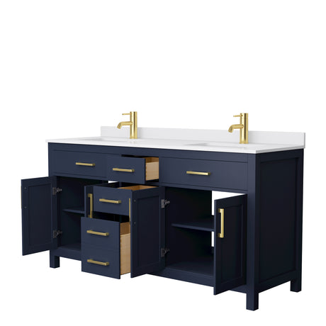Beckett 66 Inch Double Bathroom Vanity in Dark Blue White Cultured Marble Countertop Undermount Square Sinks No Mirror