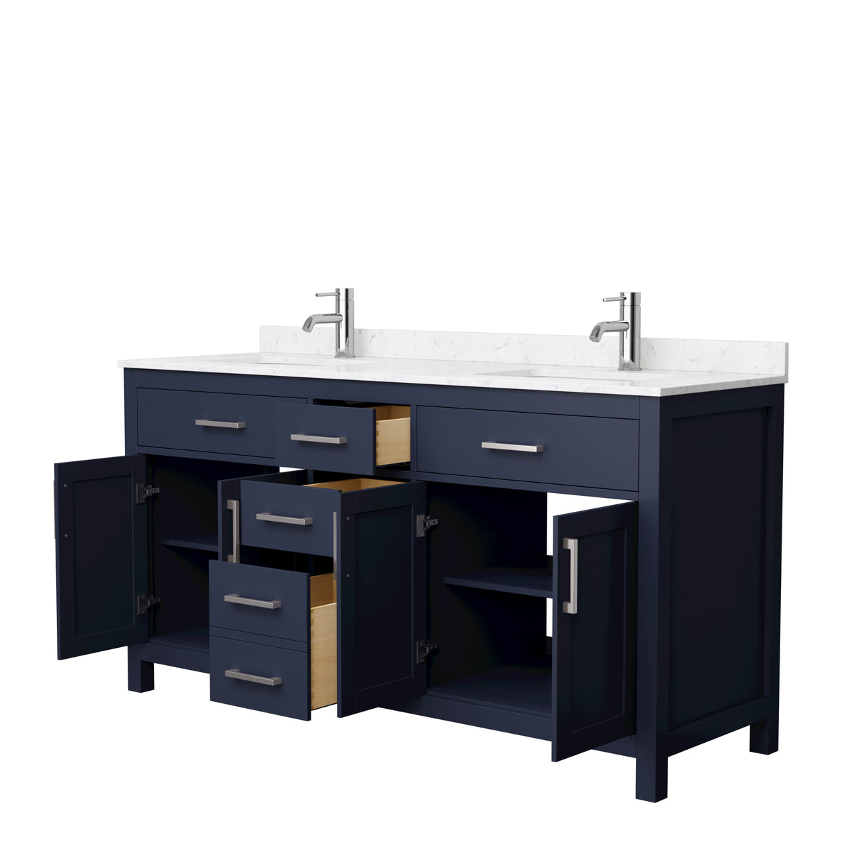 Beckett 66 Inch Double Bathroom Vanity in Dark Blue Carrara Cultured Marble Countertop Undermount Square Sinks Brushed Nickel Trim