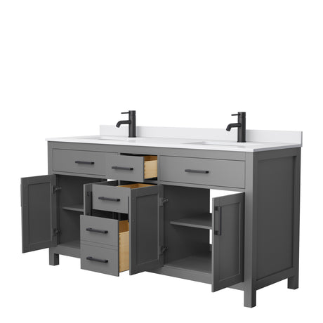 Beckett 66 Inch Double Bathroom Vanity in Dark Gray White Cultured Marble Countertop Undermount Square Sinks Matte Black Trim