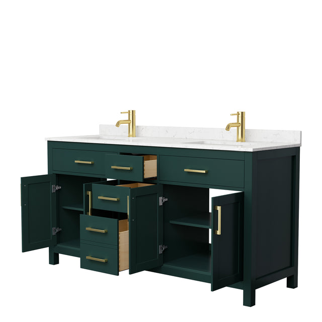 Beckett 66 Inch Double Bathroom Vanity in Green Carrara Cultured Marble Countertop Undermount Square Sinks Brushed Gold Trim