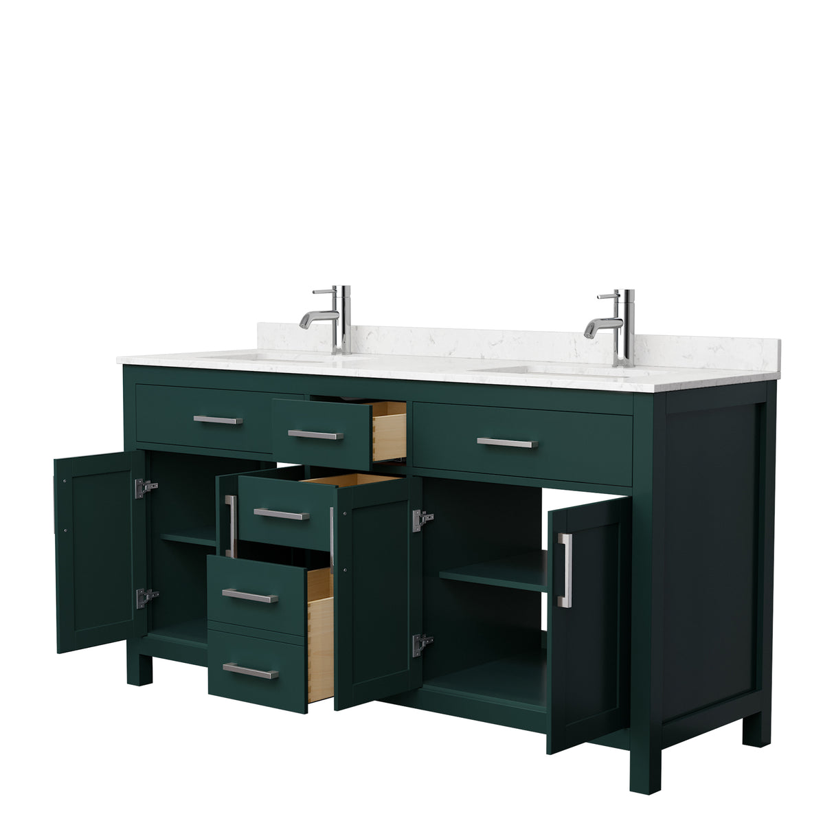 Beckett 66 Inch Double Bathroom Vanity in Green Carrara Cultured Marble Countertop Undermount Square Sinks Brushed Nickel Trim