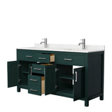 Beckett 66 Inch Double Bathroom Vanity in Green Carrara Cultured Marble Countertop Undermount Square Sinks Brushed Nickel Trim