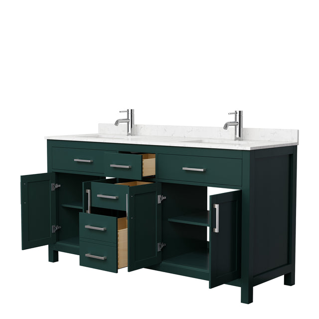 Beckett 66 Inch Double Bathroom Vanity in Green Carrara Cultured Marble Countertop Undermount Square Sinks Brushed Nickel Trim