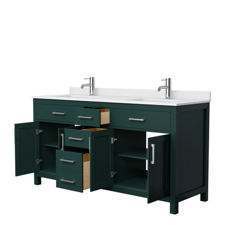 Beckett 66 Inch Double Bathroom Vanity in Green White Cultured Marble Countertop Undermount Square Sinks Brushed Nickel Trim