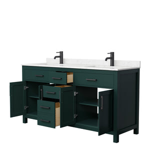 Beckett 66 Inch Double Bathroom Vanity in Green Carrara Cultured Marble Countertop Undermount Square Sinks Matte Black Trim